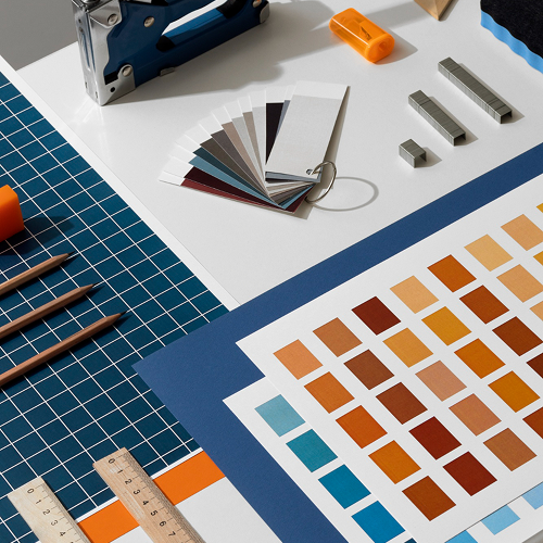 Professional painting materials, color samples, and finishing tools