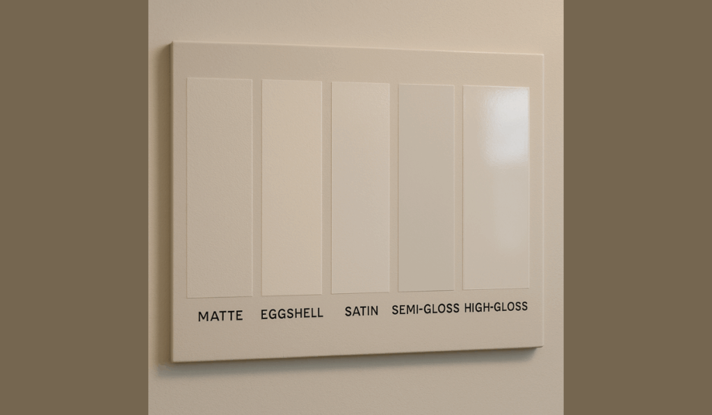 Paint finish comparison chart showing matte to high-gloss sheens under indoor lighting.
