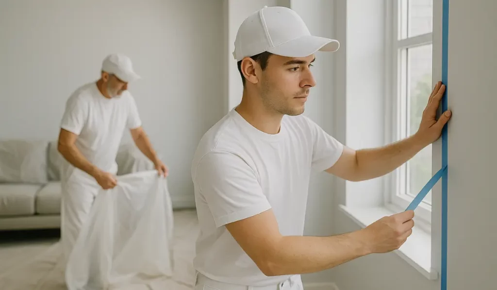 Professional painters preparing a bright modern living room for painting with protective coverings and clean setup.