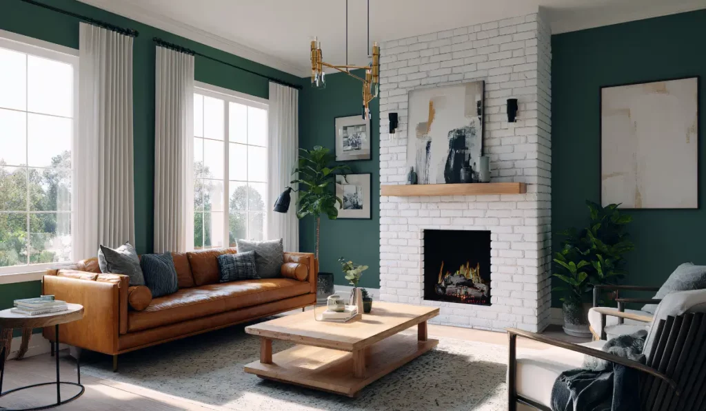 Interior painting with sage green walls, white trim, natural light, and warm modern living room elements
