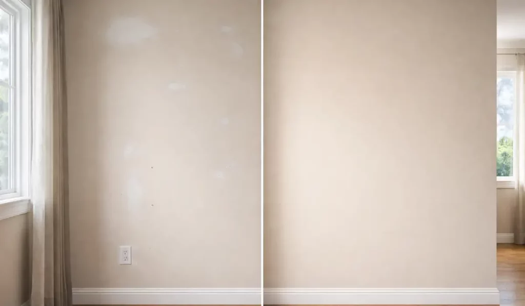 Side-by-side interior wall showing drywall repair patches on one side and a smooth, skim-coated wall surface on the other under natural light.