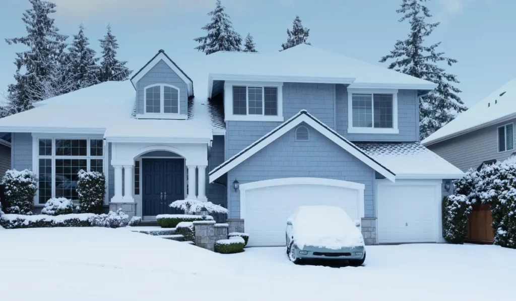 Blue house in winter snow showing well-maintained painted surfaces and intact trim despite cold weather