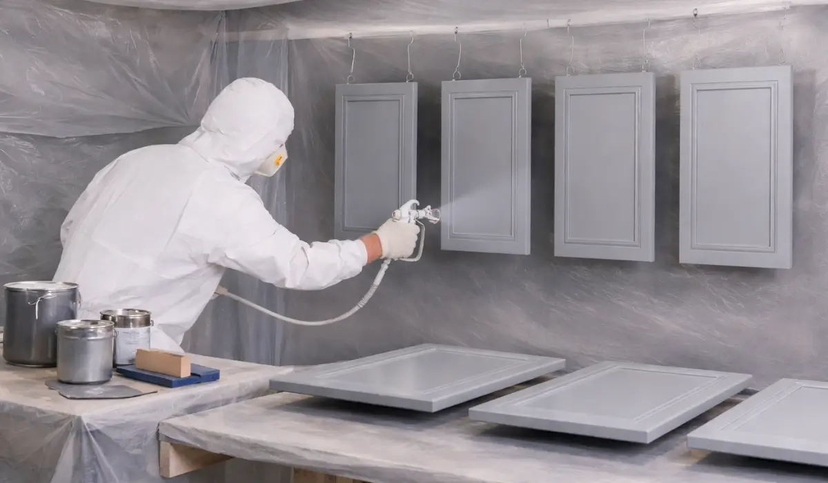 Professional cabinet painting in Naperville showing spray application in controlled environment