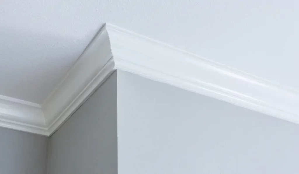 Crown molding painting showing clean trim and ceiling transition under lighting that reveals imperfections