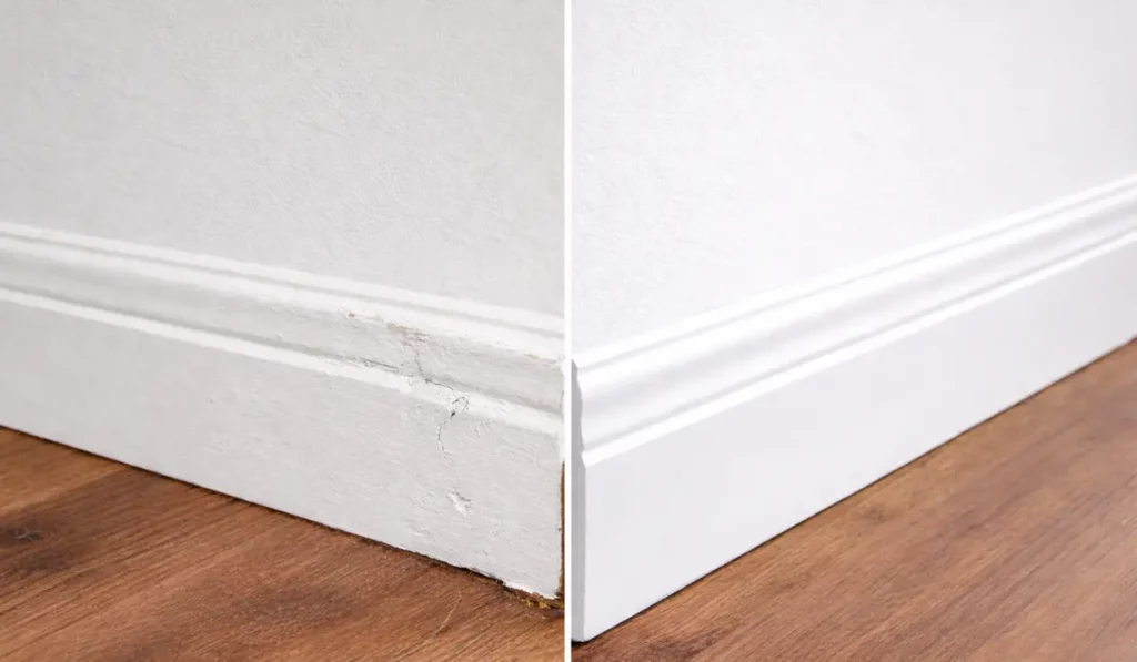 damaged and freshly painted baseboards showing when to repaint baseboards in older homes