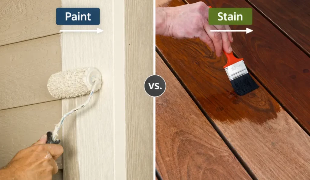 Side-by-side Paint vs Stain comparison showing painted siding and stained wood with visible difference in coverage and natural grain