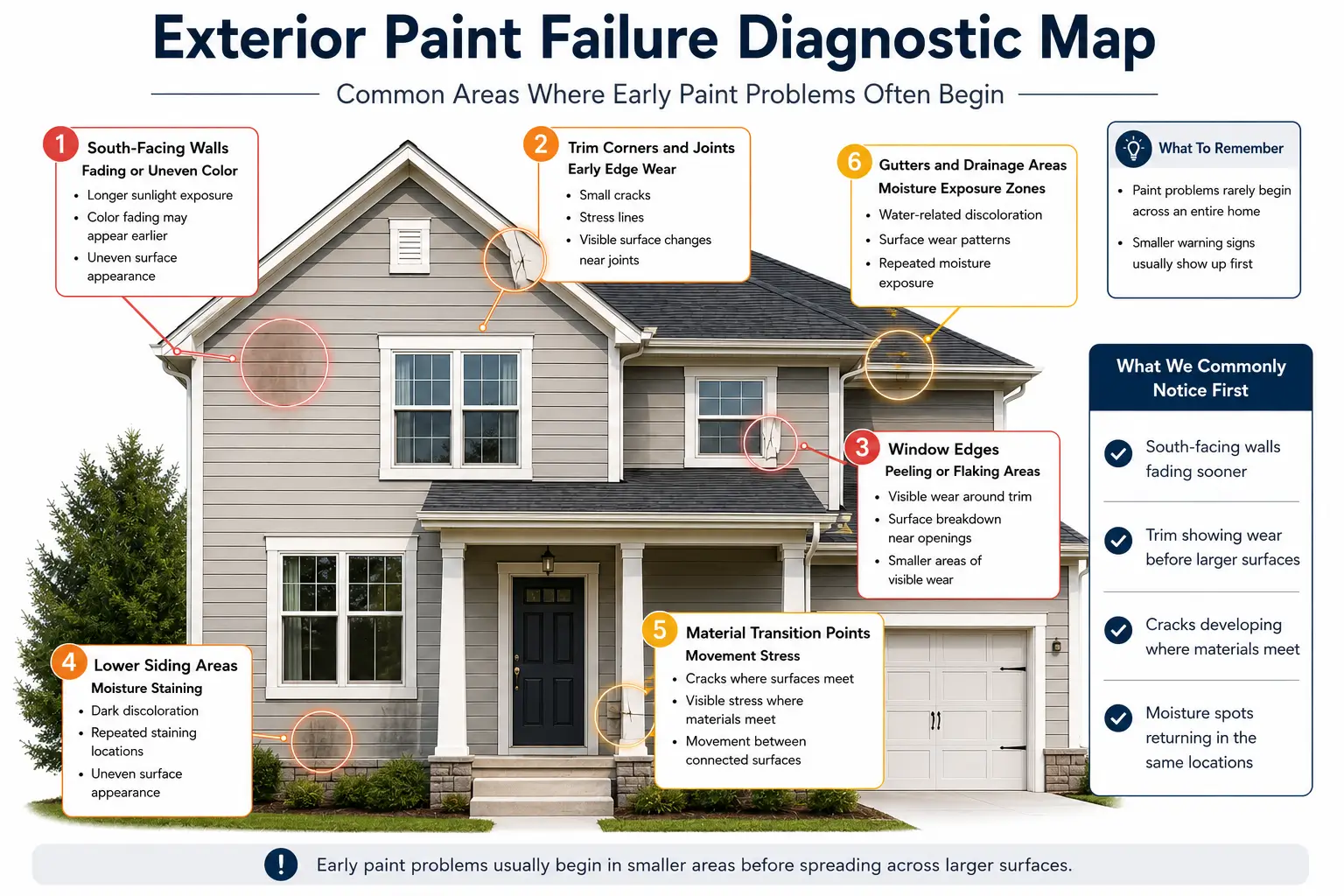 Exterior house diagram showing areas where Home Exterior Paint Is Failing, including trim, siding, moisture, and stress locations.