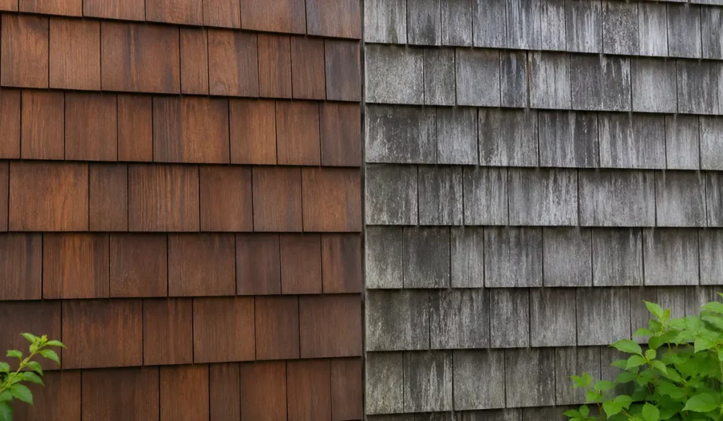 Exterior Staining comparing protected cedar siding and weather-damaged exterior wood