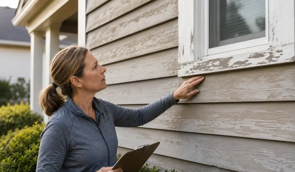 Home Exterior Paint Is Failing with visible peeling trim and siding wear during exterior inspection.