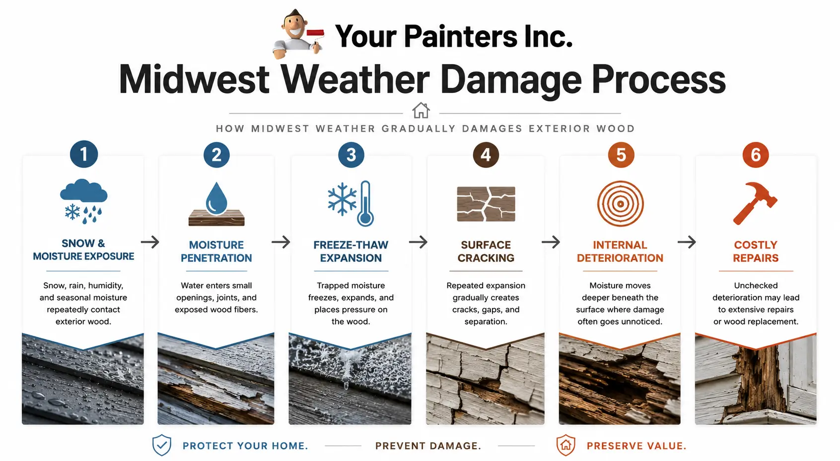 Midwest weather damage process infographic showing how exterior staining helps protect wood from moisture penetration, freeze-thaw expansion, surface cracking, internal deterioration, and costly repairs.