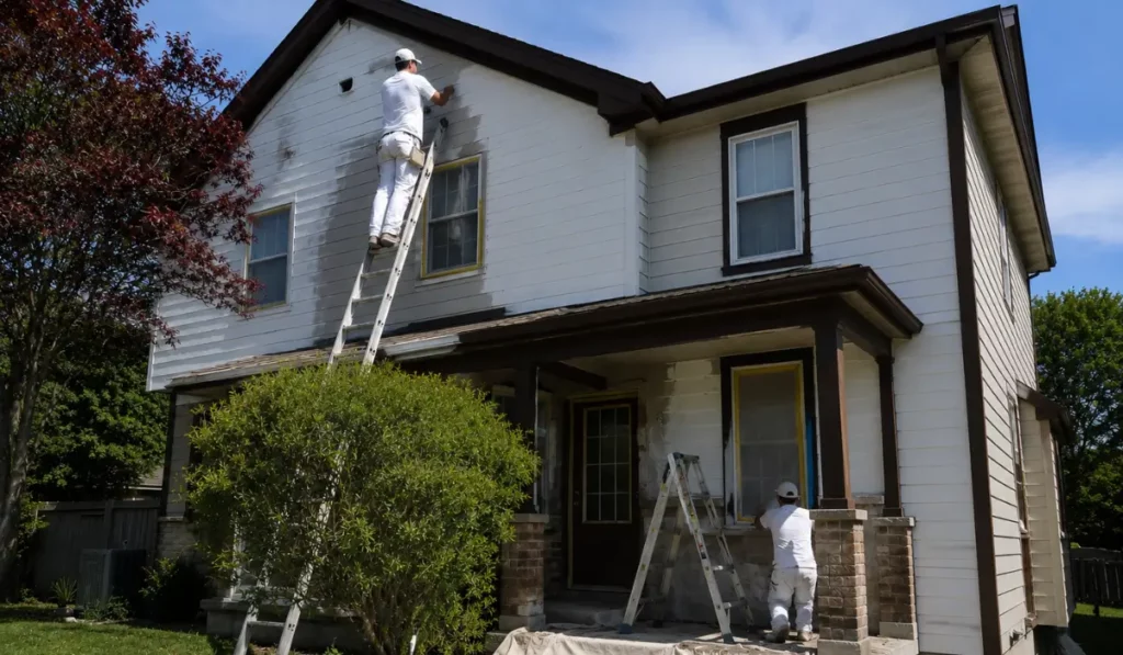 Professional Exterior Painters preparing and painting residential siding for durable exterior protection
