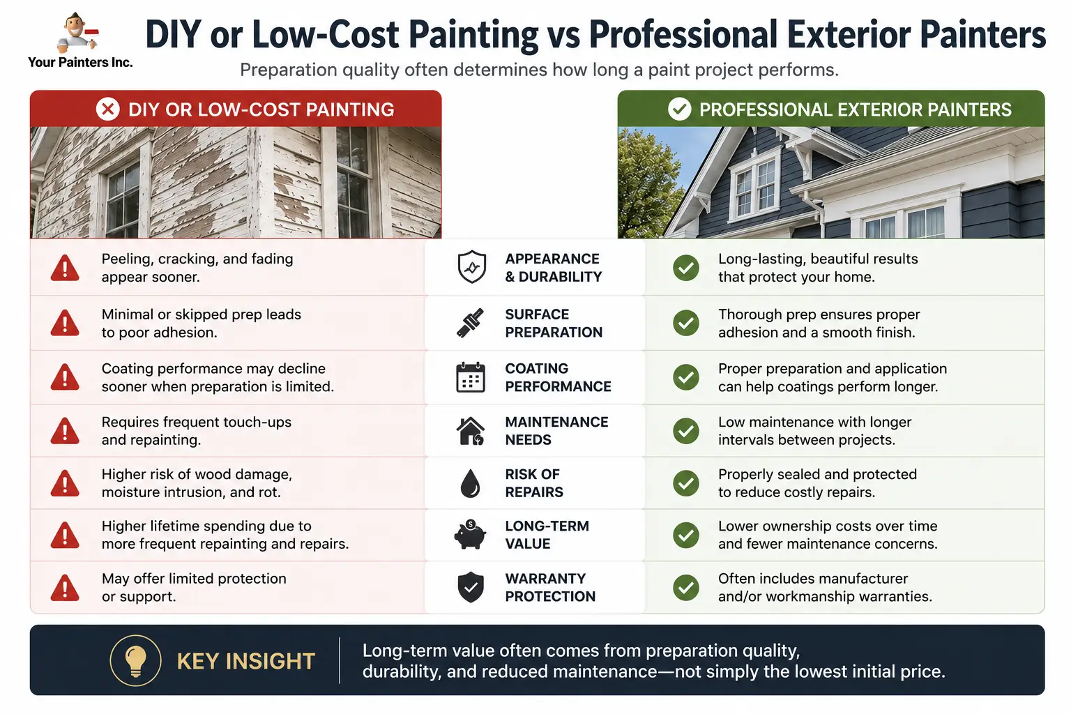 Alt Text Comparison of DIY exterior painting and professional exterior painters showing differences in preparation quality, coating performance, maintenance needs, repair risk, and long-term ownership costs.
