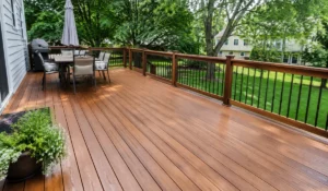 Deck Staining vs Deck Painting decision guide featured image showing a finished wood deck with outdoor dining.