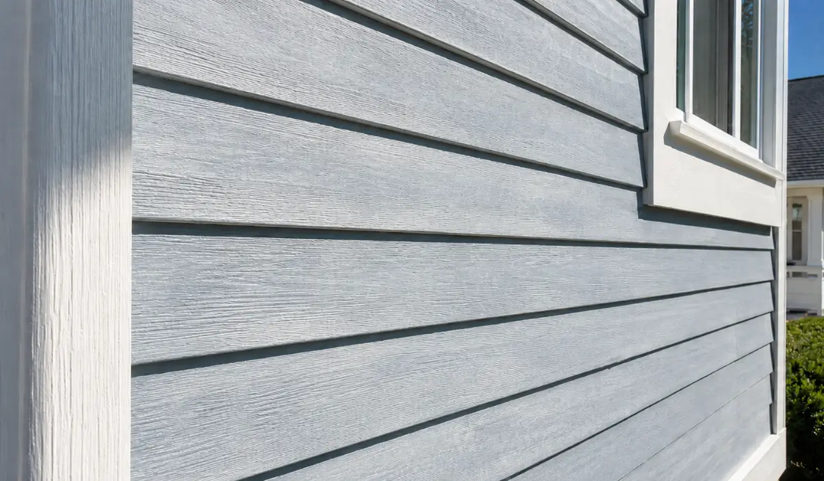 Sunlight strikes blue siding where Exterior Paint and Wood Stain face prolonged ultraviolet exposure on homes.